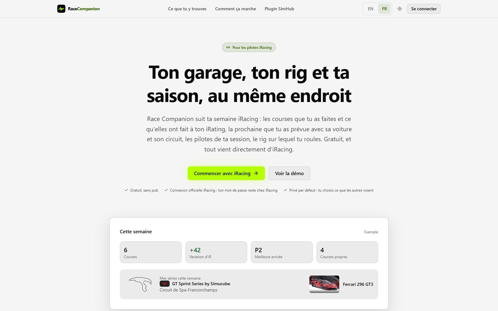 Page d'accueil de Race Companion